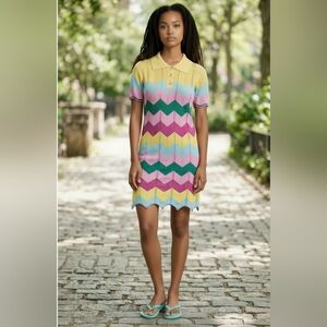 Chevron Knit Polo Dress in Yellow, Pink, Green, Blue by Impulsive